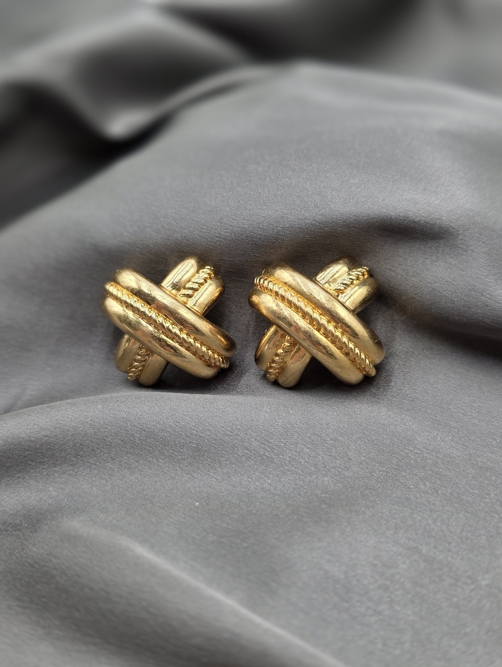 Vintage Gold Tone Knot Clip-On Earrings X Design Rope Twist Statement